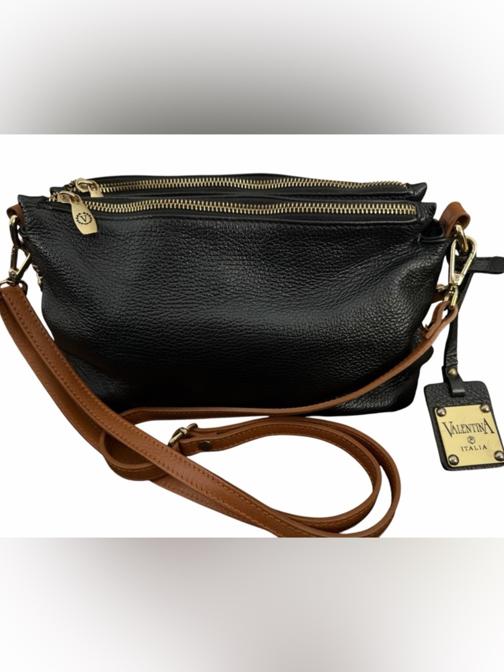 Valentina Black Leather Tag with Gold Plate Crossbody